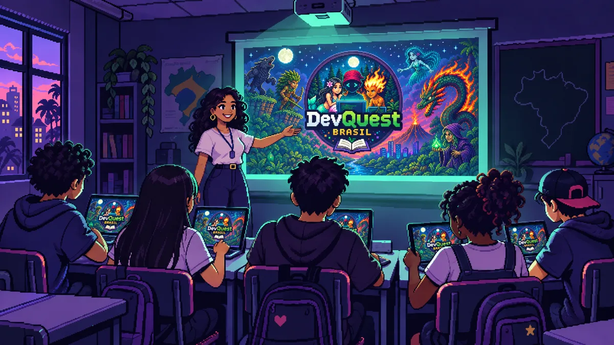 Sala de aula em pixel art: professora aponta para o projetor com o DevQuest Brasil e as criaturas do folclore, enquanto cinco alunos jogam em notebooks