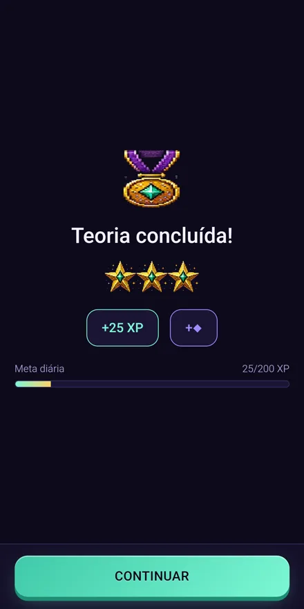 Tela de fase concluída com três estrelas, XP ganho e meta diária